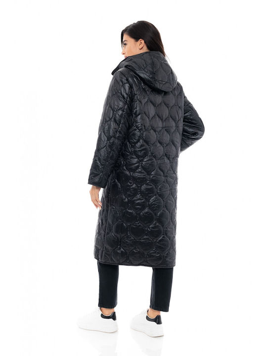 Biston Women's Long Puffer Jacket for Winter with Hood Black