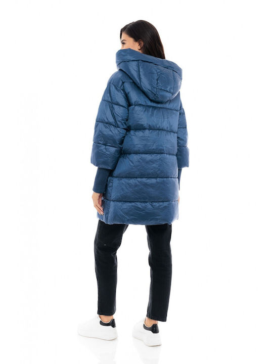 Biston Women's Long Puffer Jacket for Winter with Hood Blue