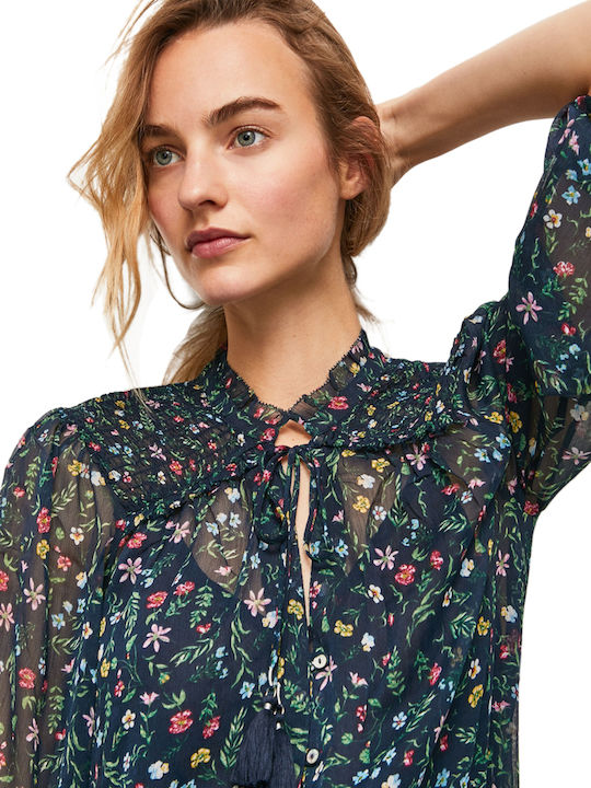 Gulsen Summer Tunic Long Sleeve Floral Navy Blue
