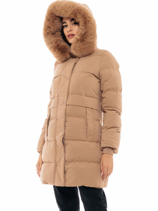 Lang Damen Puffer Jacke mit pelziger Kapuze für Winter Camel