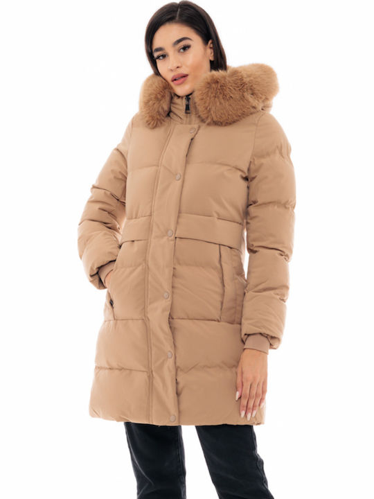 Lang Damen Puffer Jacke mit pelziger Kapuze für Winter Camel
