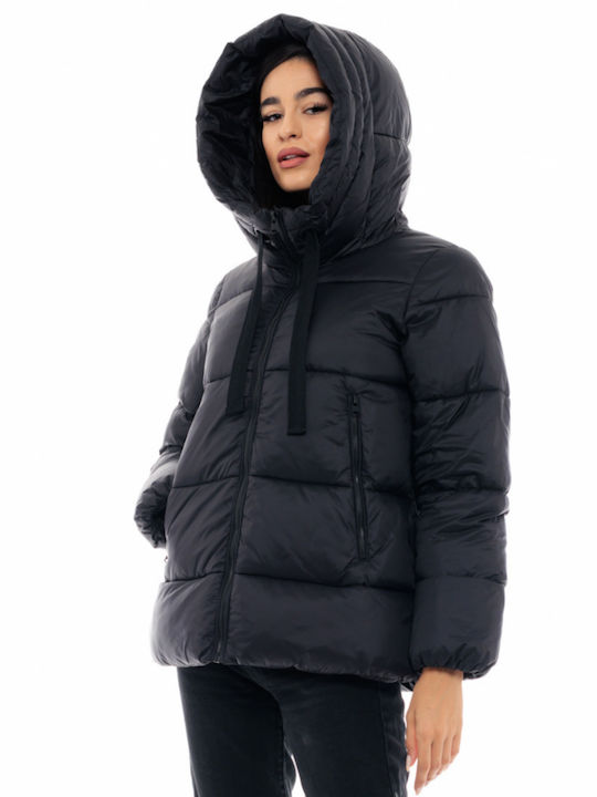 Women's Short Puffer Jacket for Winter with Hood Black