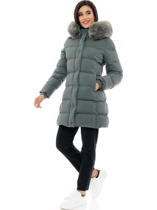 Women's Long Puffer Jacket for Winter with Detachable Hood Green