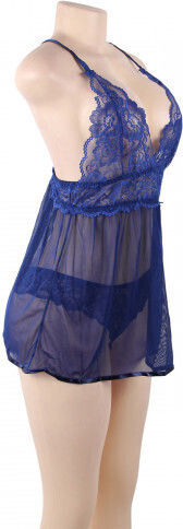CyprusLoveShop Mesh Chemise with String Set Babydoll Sexy Blue