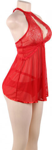 CyprusLoveShop Flyaway Chemise with Thong Σετ Sexy Babydoll με Δαντέλα & Διαφάνεια Hot Red