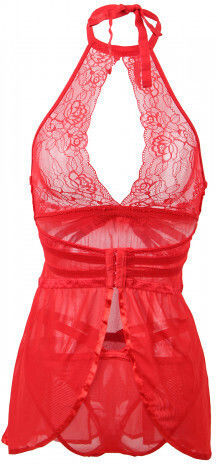 CyprusLoveShop Flyaway Chemise with Thong Σετ Sexy Babydoll με Δαντέλα & Διαφάνεια Hot Red