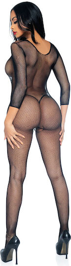 Leg Avenue Deep V Front Long Sleeved Fishnet Bodystocking Black