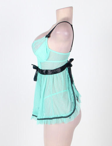 CyprusLoveShop Set Babydoll Sexy Plus Dimensiune Polka Dot Babydoll cu cordon Green