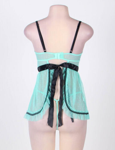 CyprusLoveShop Set Babydoll Sexy Plus Dimensiune Polka Dot Babydoll cu cordon Green