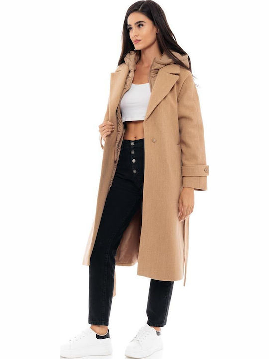 Damen Beige Mantel Oversized mit Kapuze