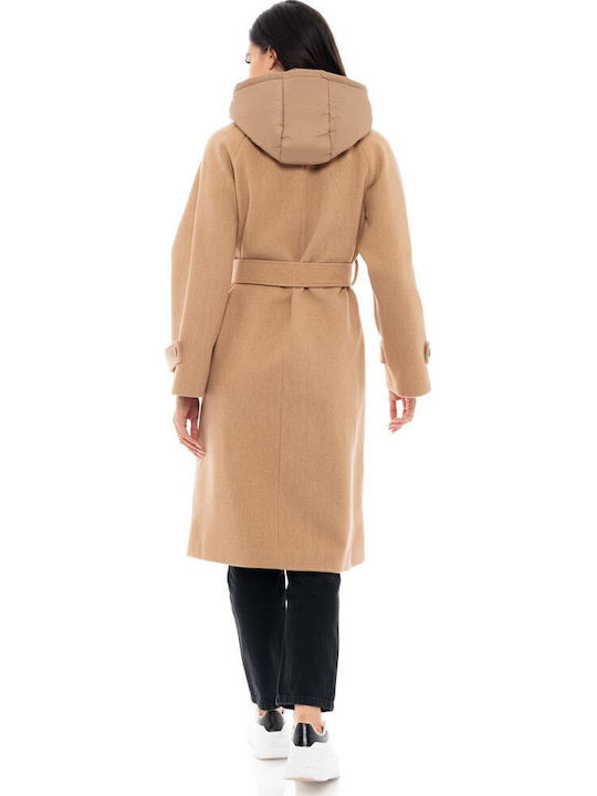 Damen Beige Mantel Oversized mit Kapuze