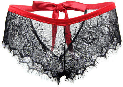 Lace Knickers with Bow Back Γυναικείο Sexy String Plus Size Black/Red
