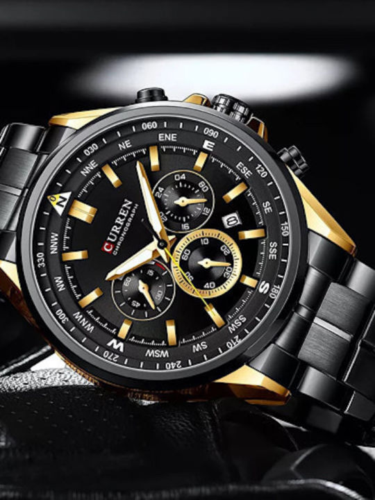 Curren Ανδρικό Ρολόι 48mm Χρονογράφος Μπαταρίας με Μαύρο Μεταλλικό Μπρασελέ