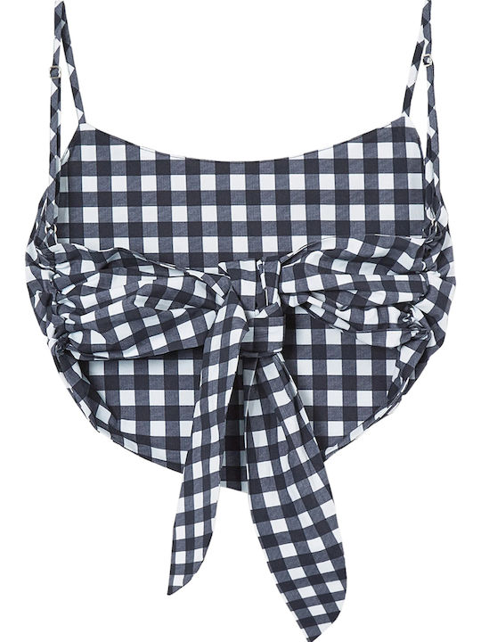 Gettie Women's Summer Crop Top Cotton with Straps Checked Navy Blue