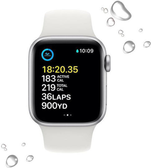 Apple Watch SE 2022 Алуминий 40мм Водоустойчив с Пулсомер (Сребро с бяла спортна лента)