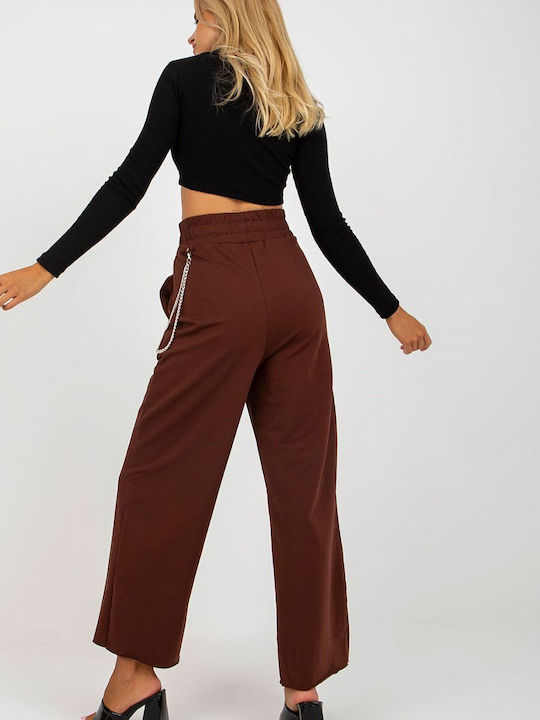 Fancy Women's Cotton Trousers with Elastic in Wide Line Brown