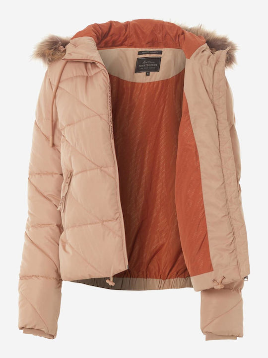 Kurz Damen Puffer Jacke mit pelziger Kapuze für Winter Beige