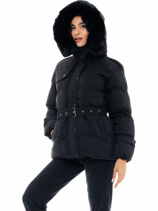 Women's Short Puffer Jacket for Winter with Hood Black