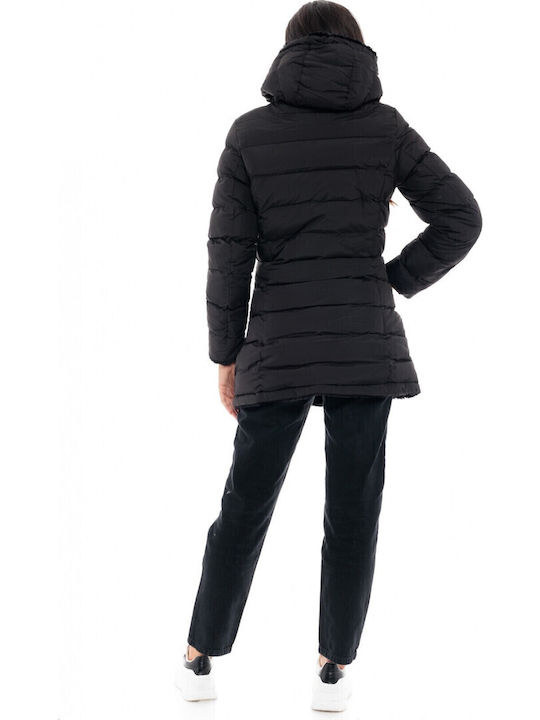 Women's Long Puffer Jacket Double Sided for Winter with Hood Black