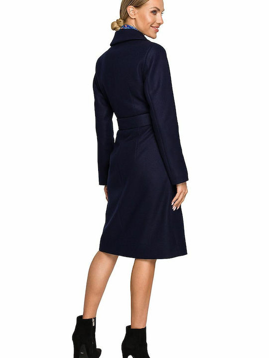 MOE Women's Wool Midi Coat with Belt Navy Blue