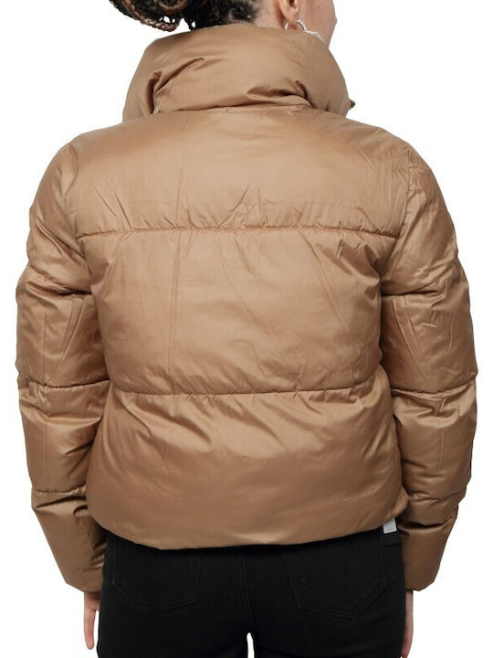 Only Women's Short Puffer Jacket Double Sided for Winter Light Brown / Ecru