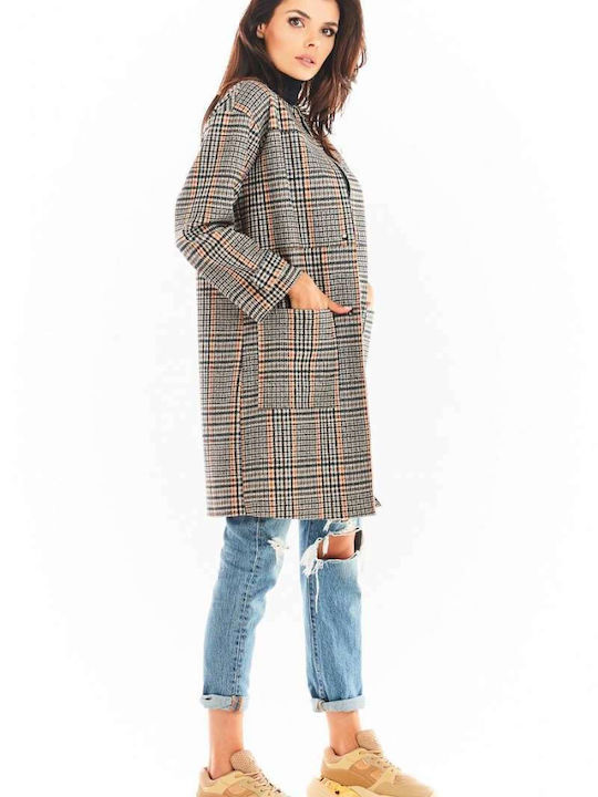 Awama Women's Checked Midi Coat with Buttons Navy Blue