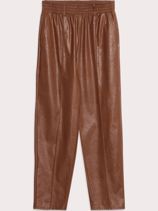 Damen Stoff Hose mit Gummizug in Karotten Passform Braun