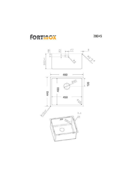 Fortinox Squadro 28045 108-28045-110 Undermount Sink Inox Satin W49xD44cm Silver