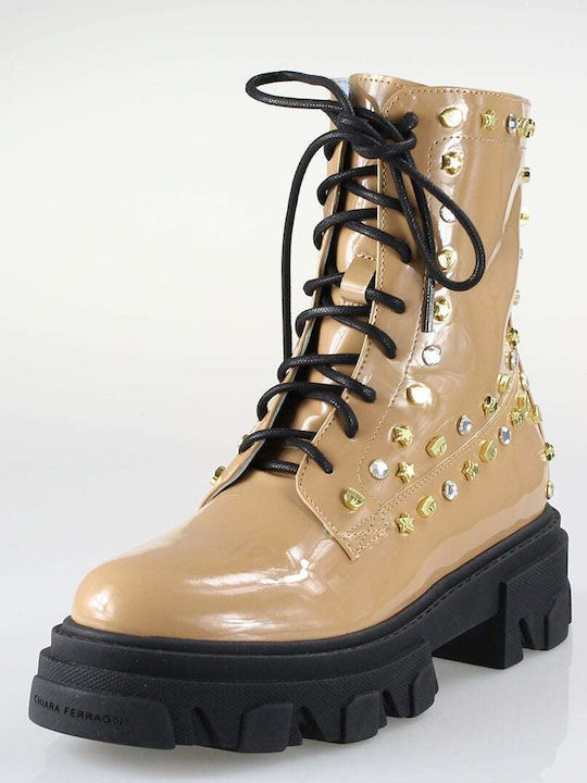 Women's Patent Leather Ankle Boots with Medium Heel Beige