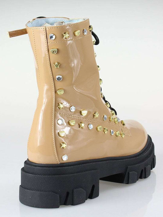 Women's Patent Leather Ankle Boots with Medium Heel Beige