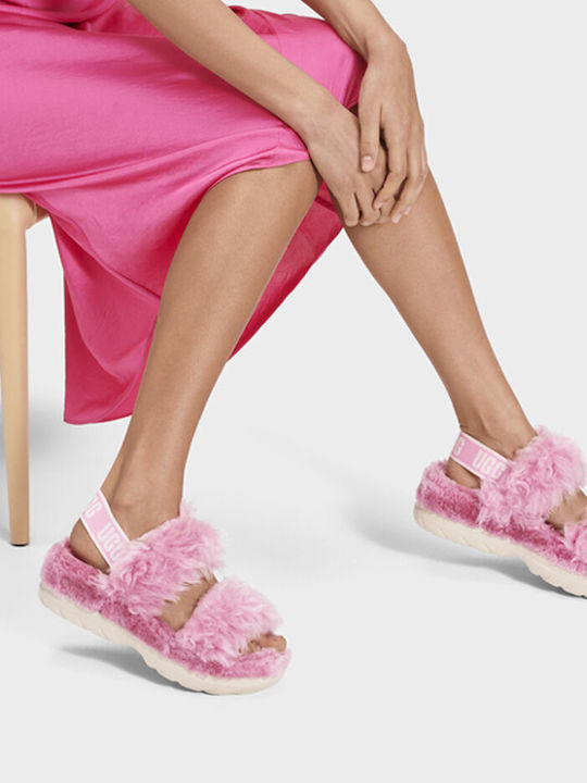 Ugg Australia Fluff Sugar Damen Flache Sandalen Flatforms in Rosa Farbe