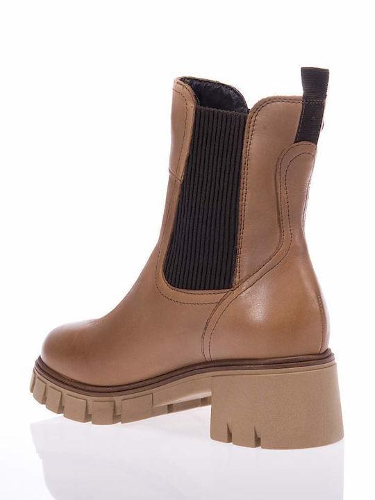 Leather Women's Chelsea Boots with Medium Heel Beige