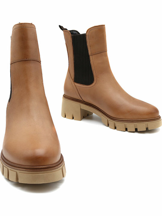 Leather Women's Chelsea Boots with Medium Heel Beige