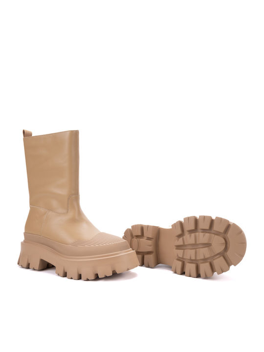 Vera Leather Women's Ankle Boots with Medium Heel Beige