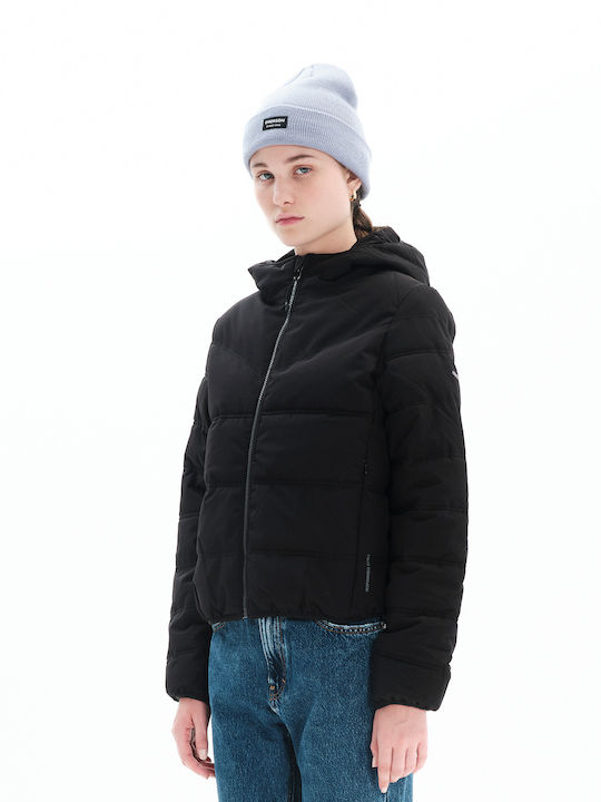 Women's Short Puffer Jacket for Winter with Hood Black