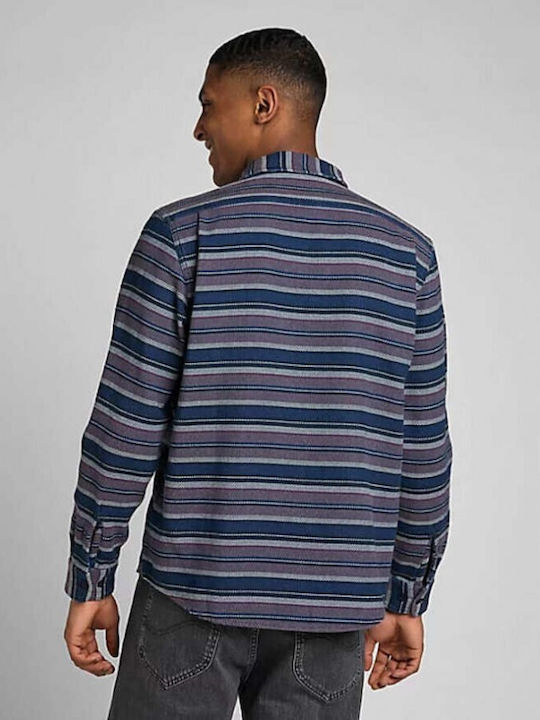 Lee Men's Shirt Overshirt Long Sleeve Striped Navy Blue