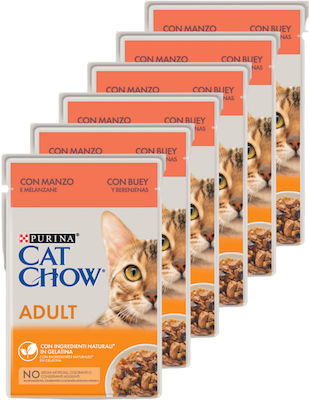 Purina Cat Chow Adult Wet Food for Adult Cats In Pouch with Beef In Jelly & Μελιτζάνες σε Ζελέ 6pcs 85gr