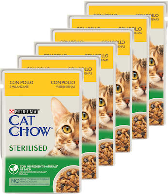 Purina Cat Chow Sterilised Υγρή Τροφή για Ενήλικες Στειρωμένες Γάτες σε Φακελάκι με Κοτόπουλο & Μελιτζάνες σε Σάλτσα 85gr 6τμχ