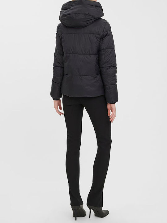 Women's Short Puffer Jacket for Winter with Hood Black