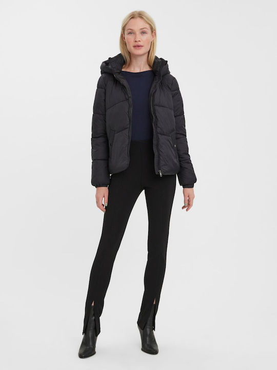 Women's Short Puffer Jacket for Winter with Hood Black