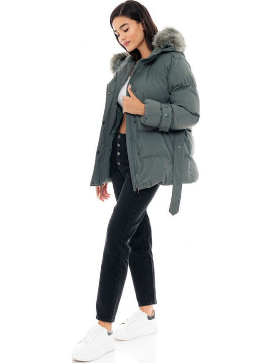 Scurtă Jachetă de femei Puffer cu glugă de blană Verde
