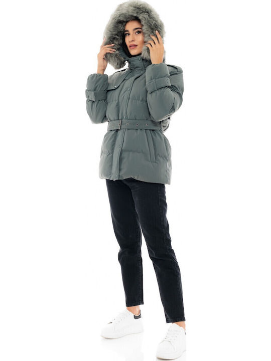 Scurtă Jachetă de femei Puffer cu glugă de blană Verde