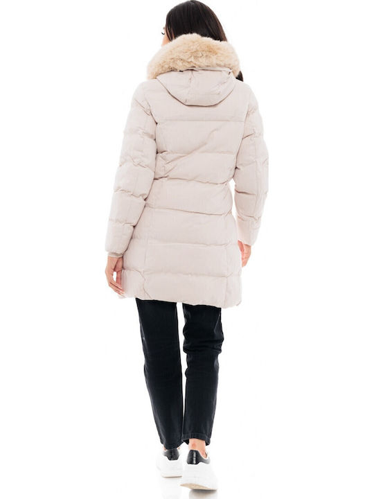 Women's Long Puffer Jacket for Winter with Detachable Hood Beige