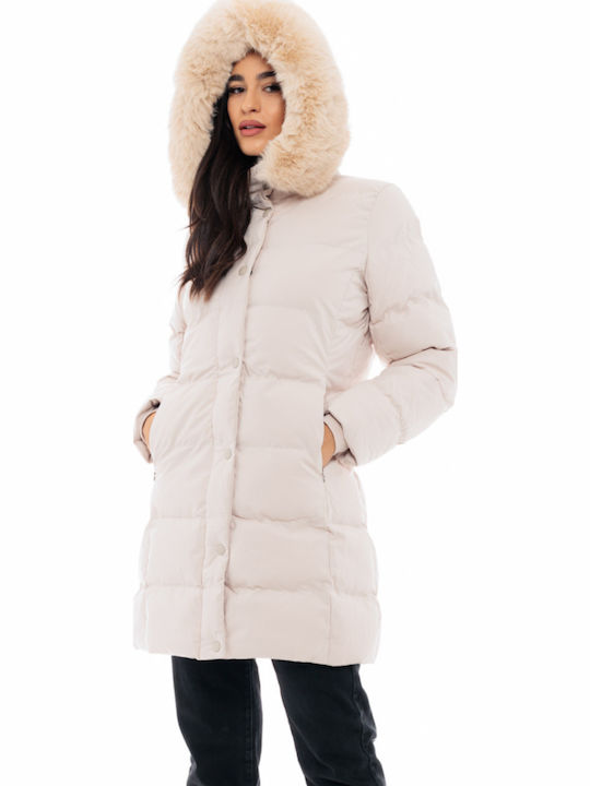 Women's Long Puffer Jacket for Winter with Detachable Hood Beige