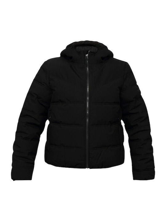 Women's Short Puffer Jacket Waterproof and Windproof for Winter with Hood Black