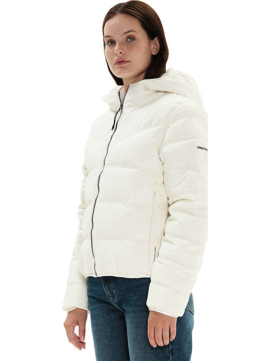 Women's Short Puffer Jacket Waterproof and Windproof for Winter with Hood White