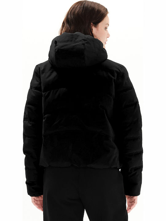 Women's Short Puffer Jacket Waterproof and Windproof for Winter with Hood Black