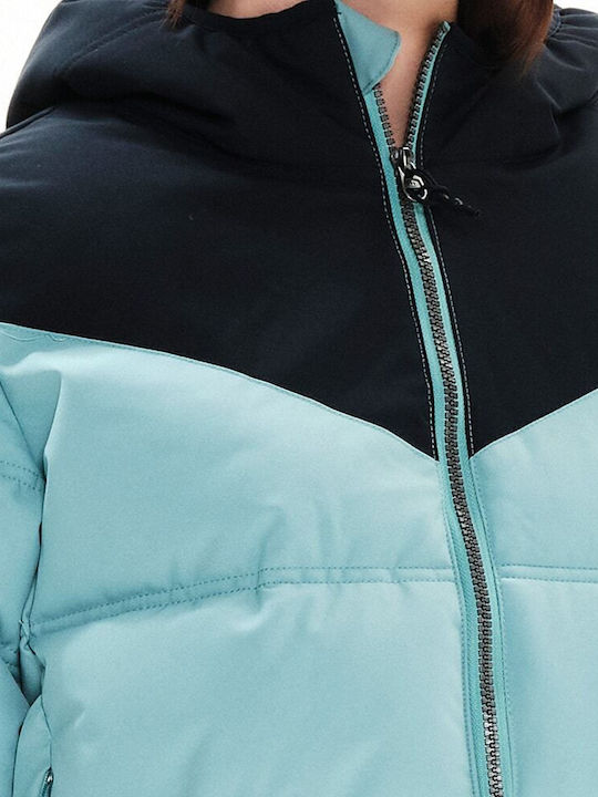 222.EW10.18 Women's Short Puffer Jacket Waterproof and Windproof for Winter with Hood Turquoise