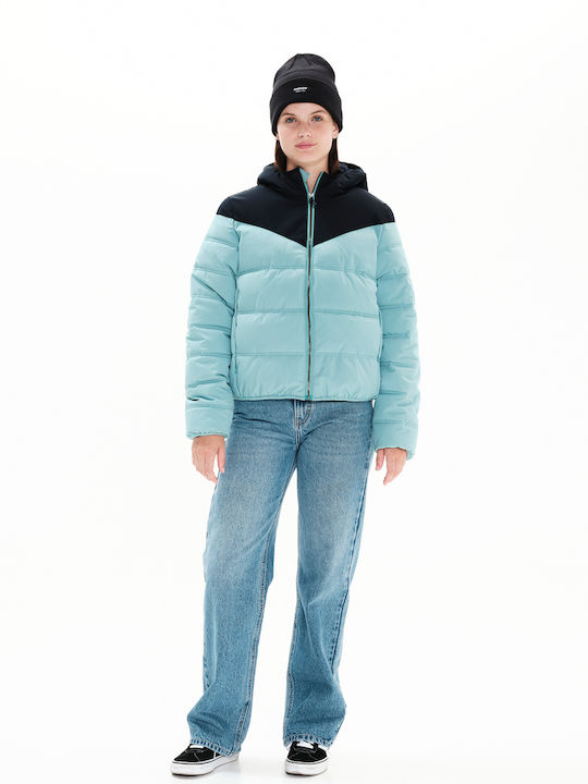 222.EW10.18 Women's Short Puffer Jacket Waterproof and Windproof for Winter with Hood Turquoise