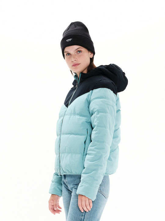 222.EW10.18 Women's Short Puffer Jacket Waterproof and Windproof for Winter with Hood Turquoise